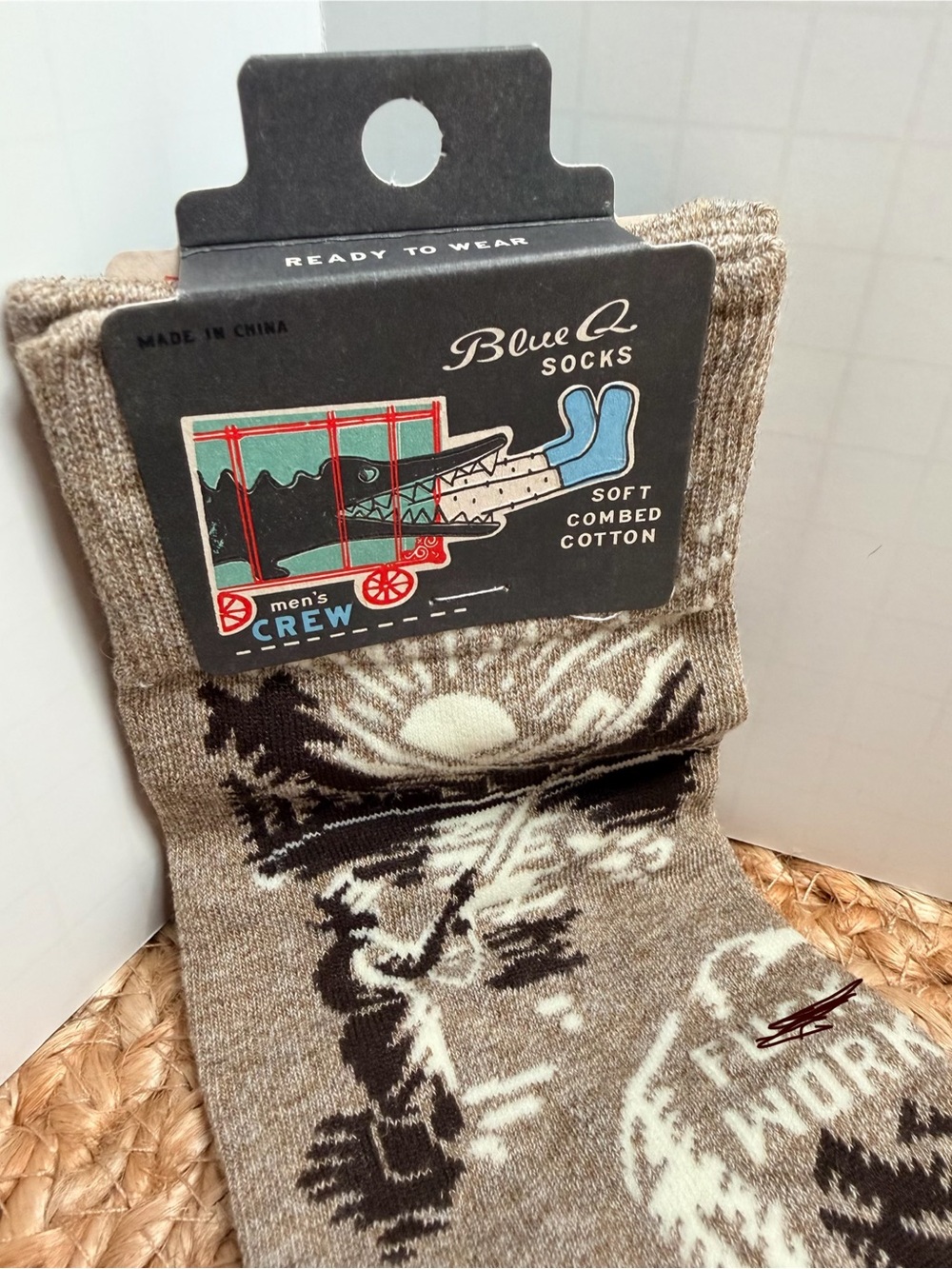 Blue Q Brown Patterned Men's Crew Socks “F—- Work”